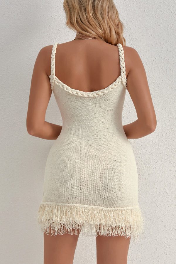Solid Color Cable Camisole Slim Fit Tassel Knit Mini Dress