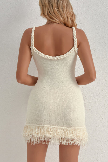 Solid Color Cable Camisole Slim Fit Tassel Knit Mini Dress