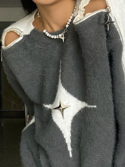 Star Decor Zipper Cutout Loose Sweater