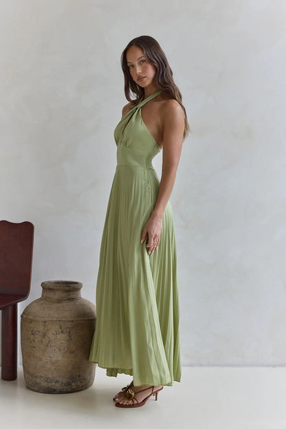 Solid Color Halter Neck Hollowed-out Casual Pleated Holiday Maxi Dress