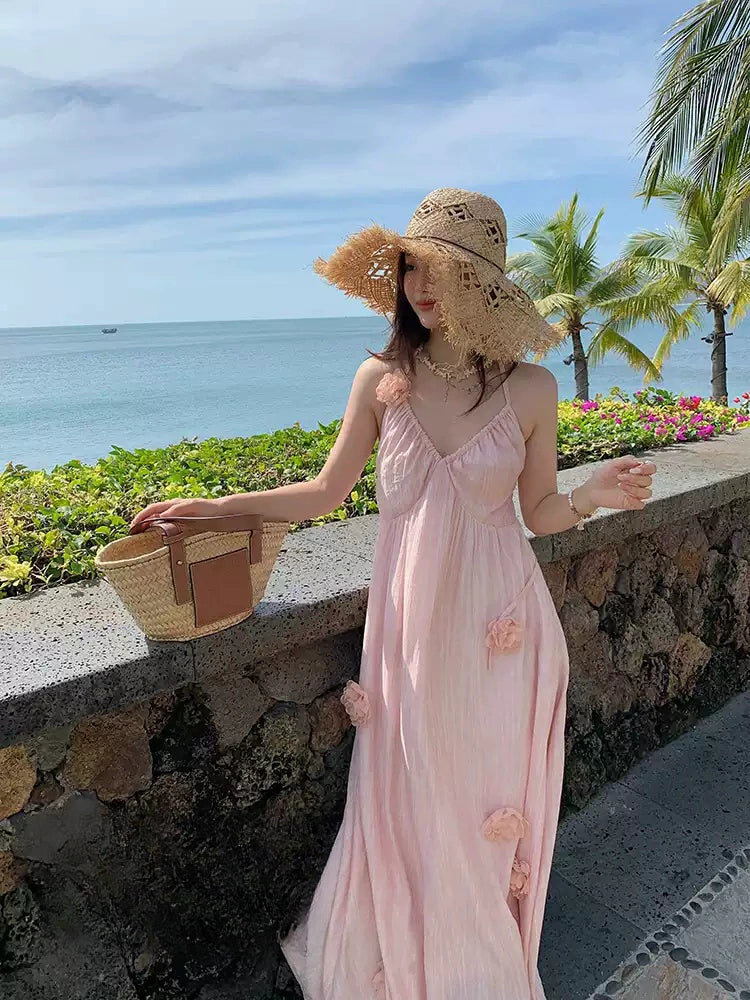 Pink Floral Halter Maxi Dress