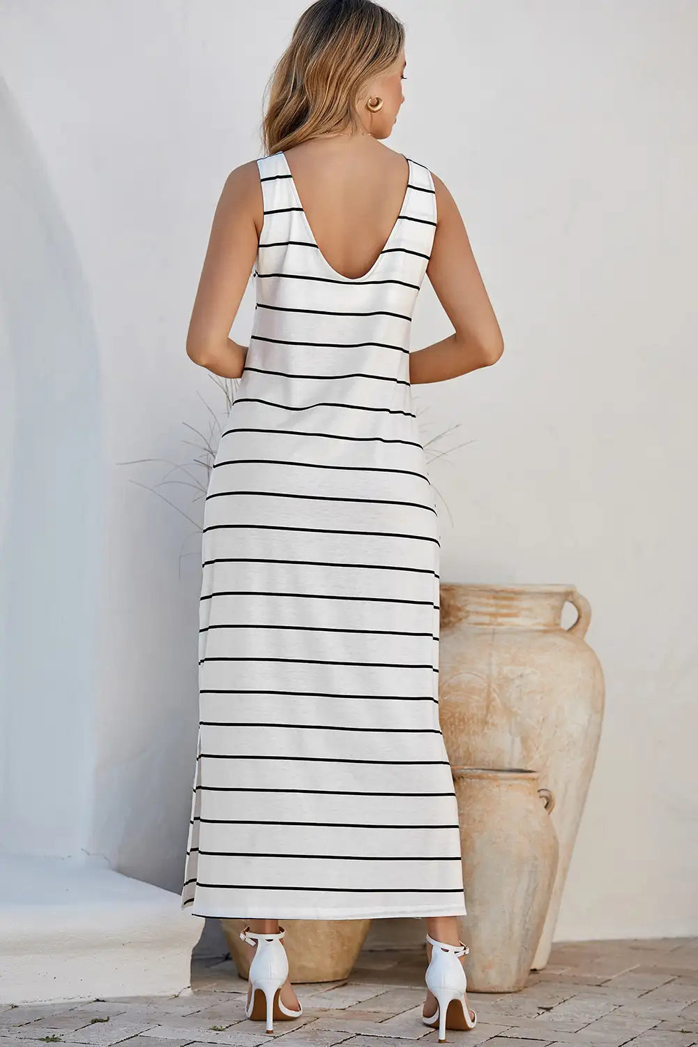 stripe print open back maxi dress