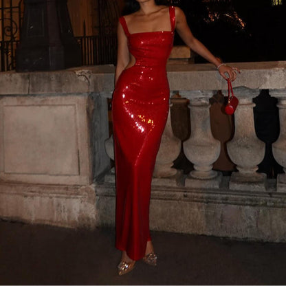 Sequin Square Neck Wide Strap Side Cut Out Bodycon Maxi Dress