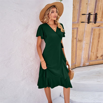 V-Neck Short Sleeve Irregular Midi Dress in Various Colors