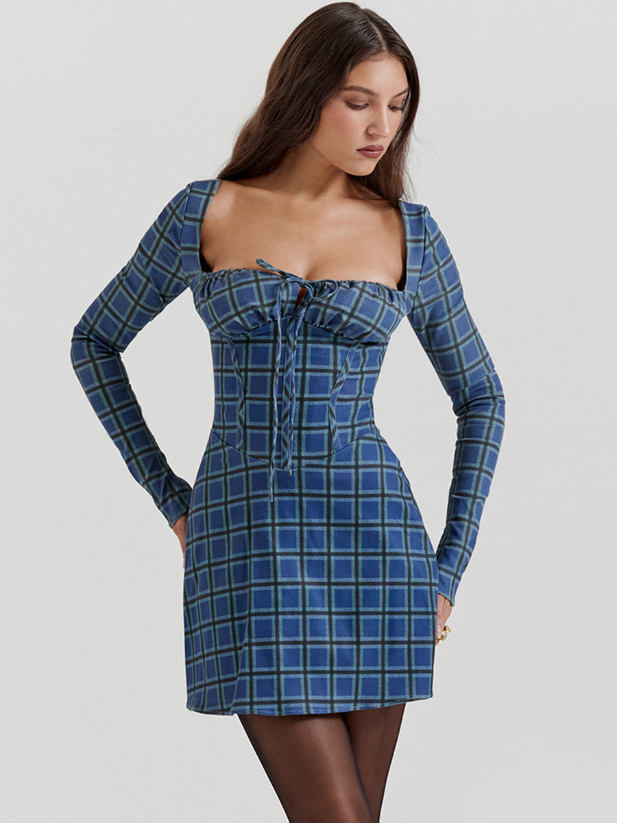 Sweet Sheath Dress Mini Floral Square Neck Long Sleeves Lace-up Mini Dresses