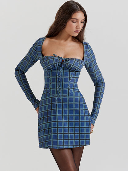 Sweet Sheath Dress Mini Floral Square Neck Long Sleeves Lace-up Mini Dresses