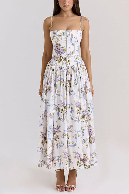 Spaghetti Strap Floral Print Bustier A-line Maxi Dress