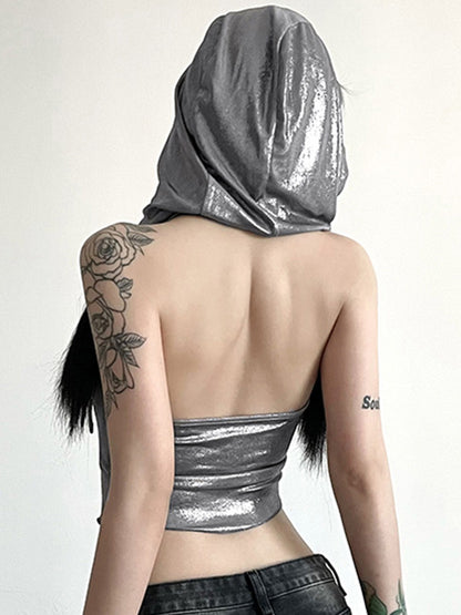 Metallic Eyelet Buckle Hooded Halter Vest