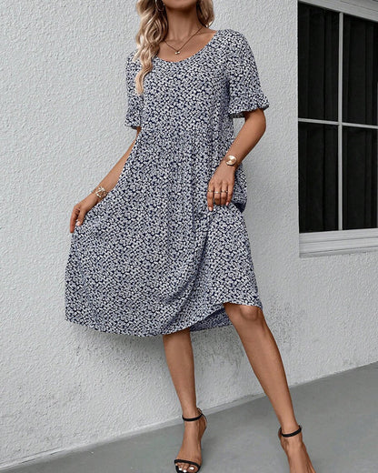 Ditsy Floral Print Flutter Sleeve Scoop Neck Tiered Babydoll Midi Dress