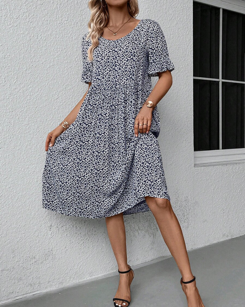 Ditsy Floral Round Neck Flounce Sleeve Tiered Smock Midi Dress