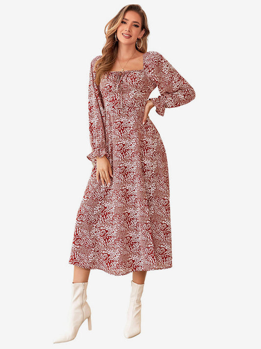 Floral Dress Square Neck Ruffles Sleeves High-Slit Midi Dresses