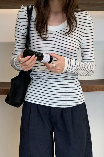 Wool Striped Round Neck Knit Top