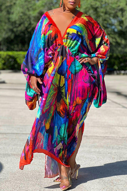 Sexy Plus Size Satin Print V-neck Batwing Sleeve Slit Loose Maxi Dress