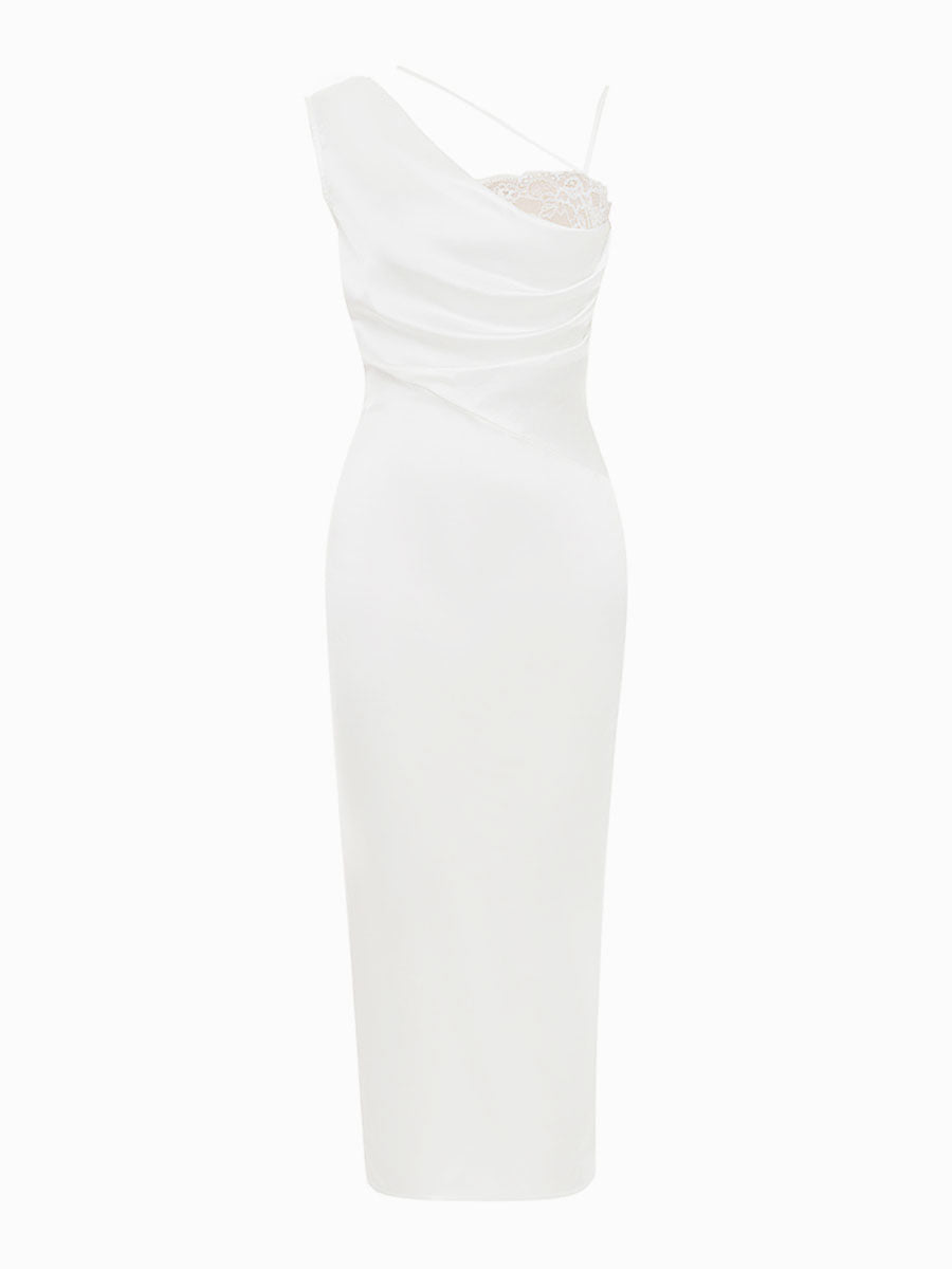 Irregular One-Shoulder Sleeveless Lace Up Midi Dress