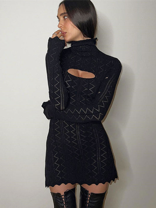 Knitted Dress High Collar Cut Out Long Sleeves Hollow Mini Dresses