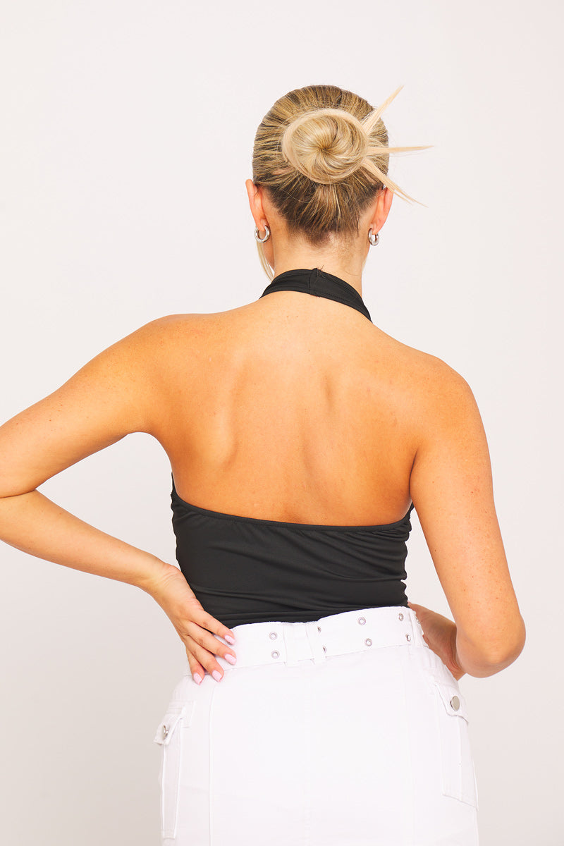 Midnight Ladder Halter Top | Plunge Front | Cropped Fit