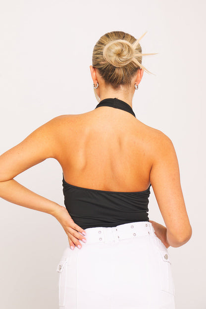 Midnight Ladder Halter Top | Plunge Front | Cropped Fit