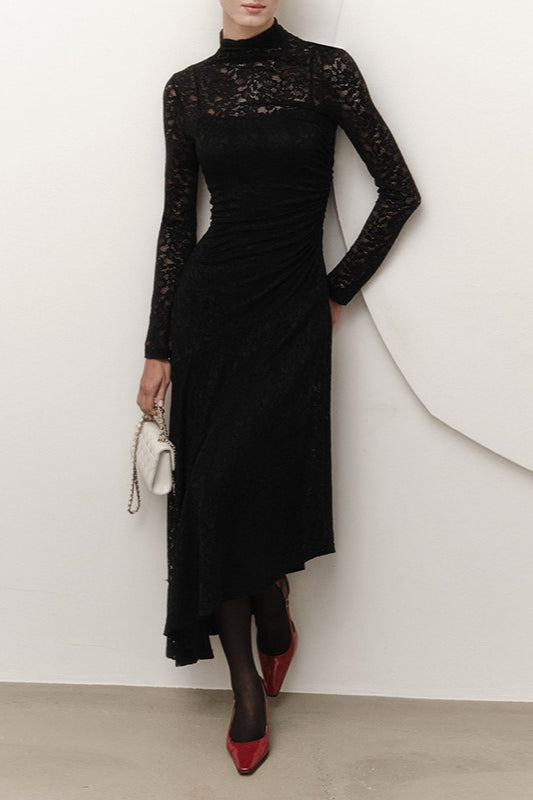 Floral Lace Mock Neck Long Sleeve Ruched Bodycon Maxi Dress