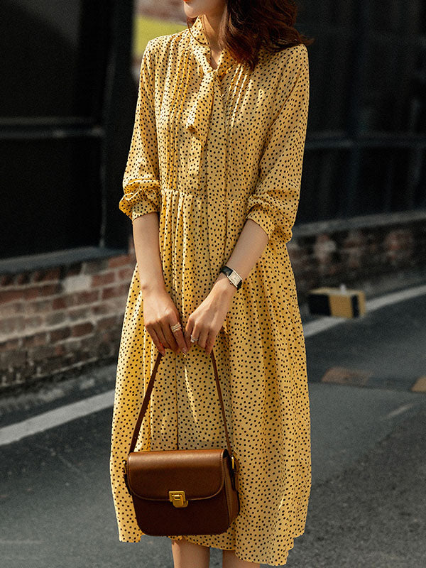 A-Line High Waisted Polka-Dot Tied Mock Neck Midi Dresses