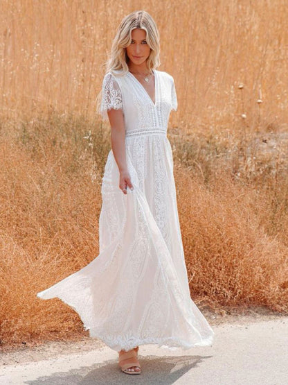 V-Neck Maxi Dress Half Sleeves Lace Bohemian Floor Length Dress