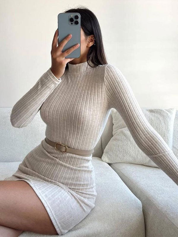 Classic Mini Dress Mock Neck Long Sleeves Ribbed Fall Winter Dresses