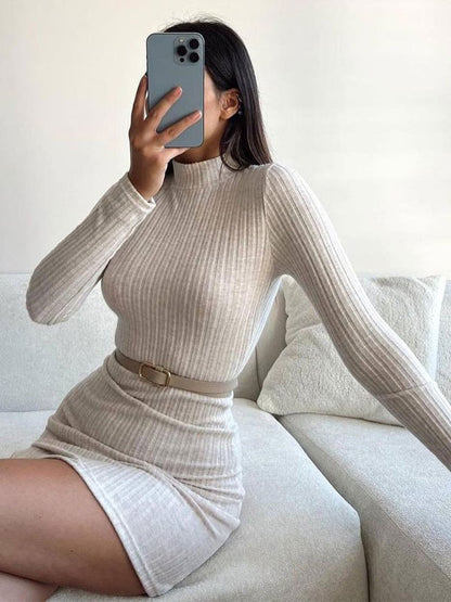 Classic Mini Dress Mock Neck Long Sleeves Ribbed Fall Winter Dresses
