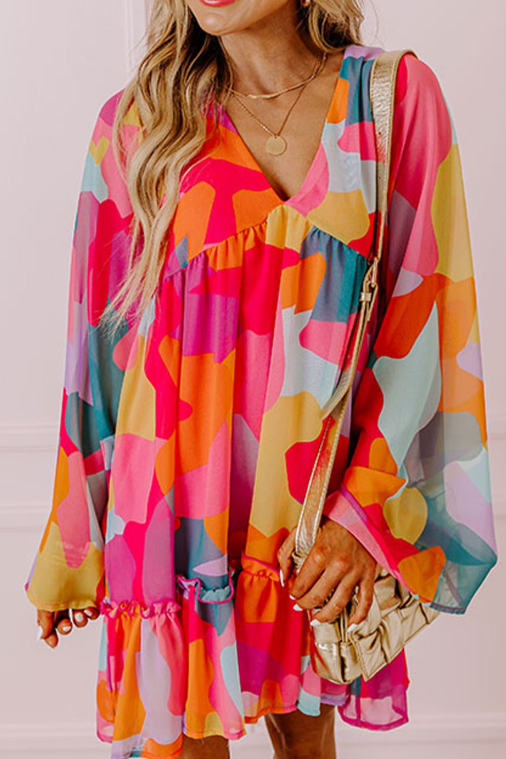 Abstract Geometric Print Deep V-Neck Bell Sleeve Tiered Ruffle Mini Dress