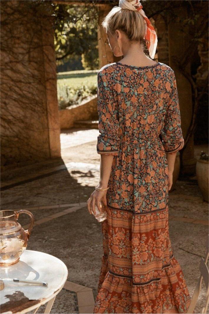 Floral V-Neck Button Midi Dress
