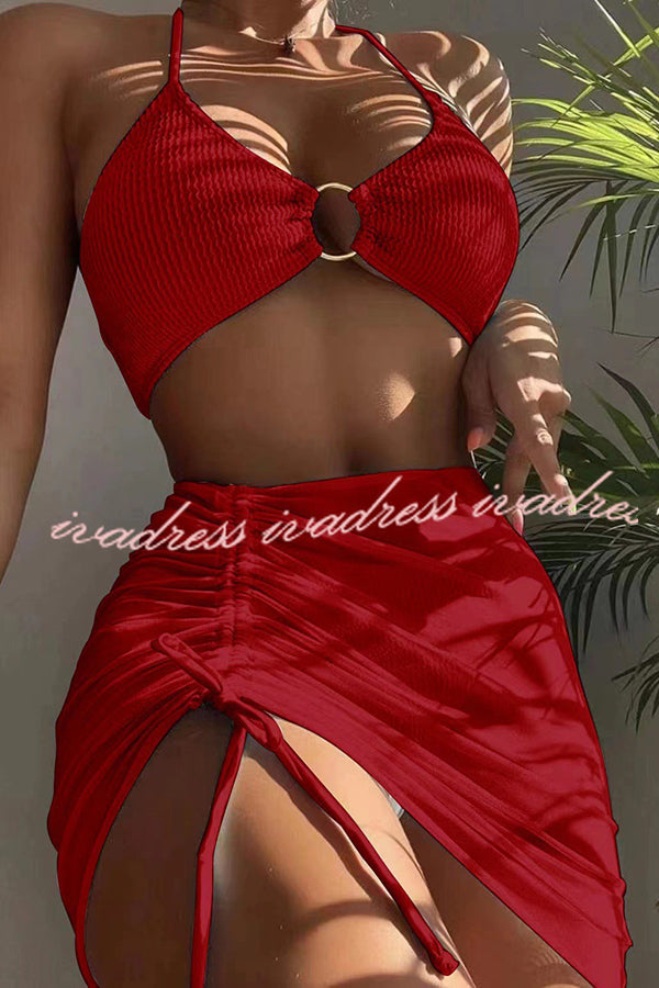 Commuting Style Suspender Pleated Hoop Three Pieces Swimsuit Set