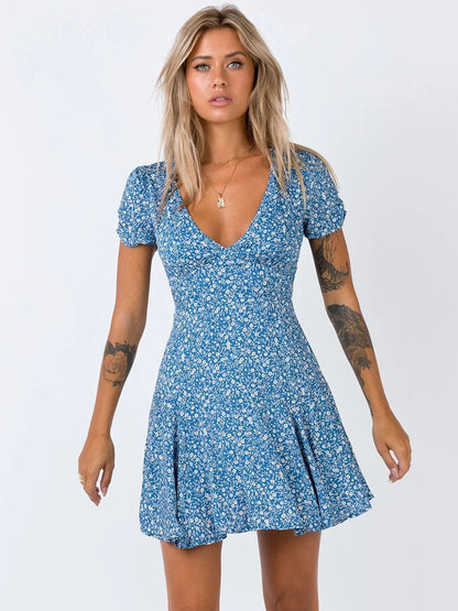 Boho Dress V-Neck Short Sleeves Floral Print Summer Midi Dress