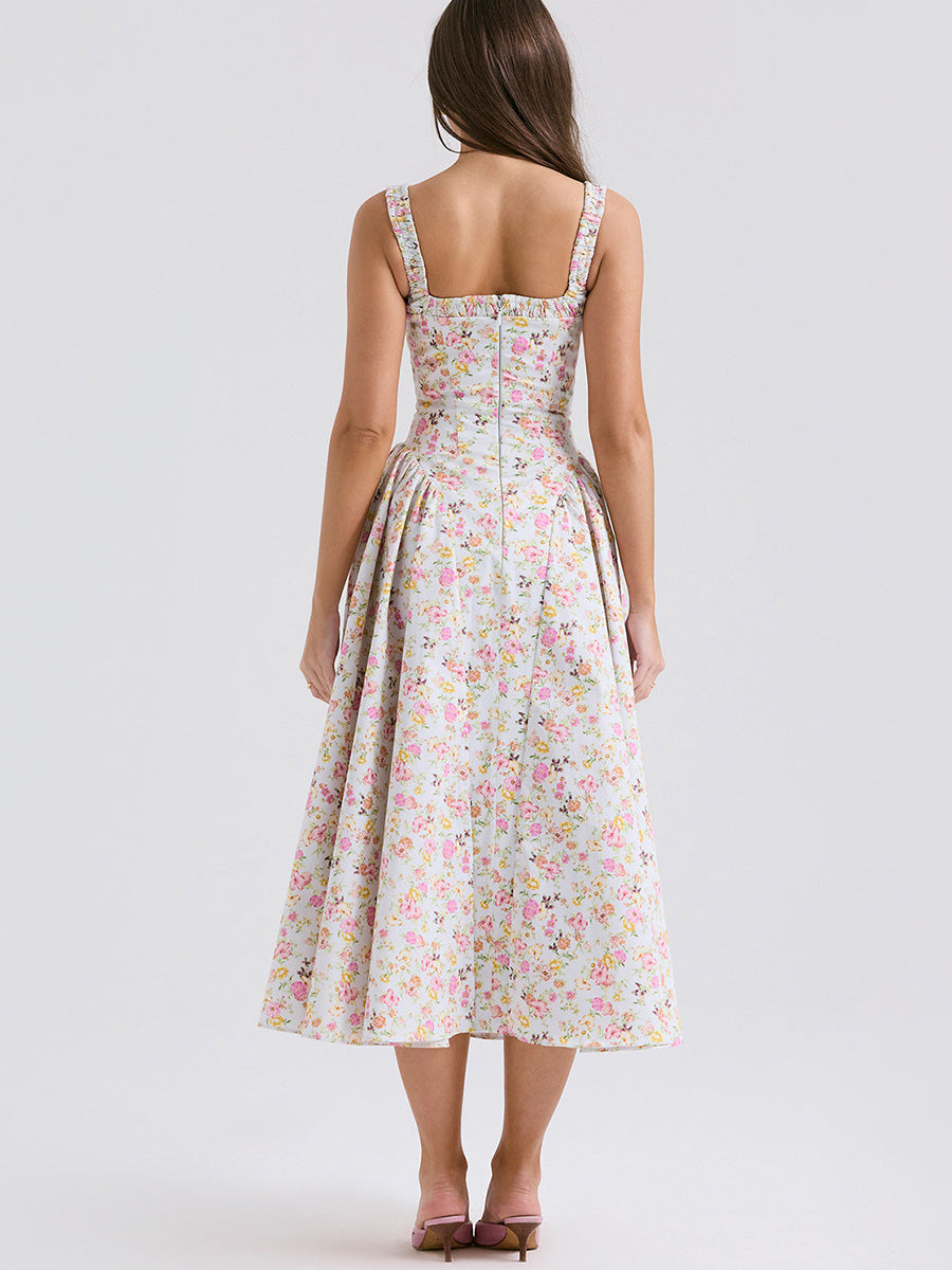 Corset Dress Mini Floral Strap Shoulder Backless Party Midi Dresses