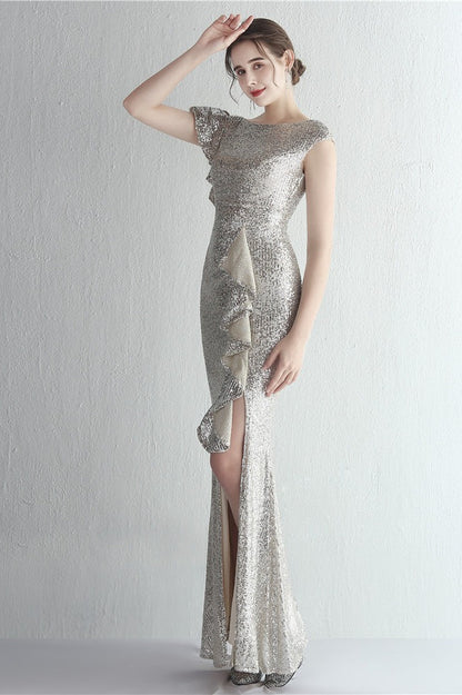Glitter High Neck Mermaid Slit Formal Dress