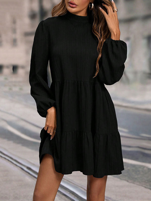 A-Line Long Sleeves Hollow Pleated Solid Color Split-Joint Mock Neck Mini Dresses