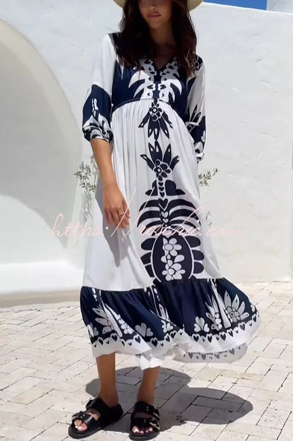 Unique Printed V-neck Loose Resort Style Midi Dress