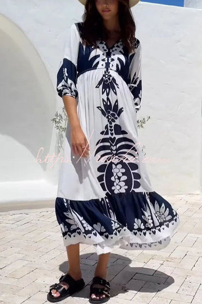 Unique Printed V-neck Loose Resort Style Midi Dress