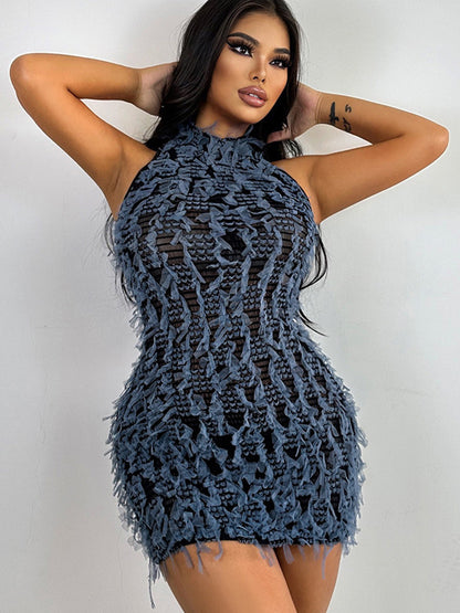 Bodycon Dress Applique Halter Sleeveless Cutout Casual Day Mini Dresses