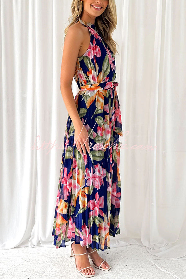 Delicate Floral Print Halterneck Lace Up Pleated Maxi Dress