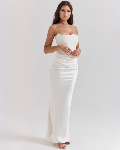 Strapless Pointed Sweetheart Corset Bodice Draped Hip Column Maxi Gown