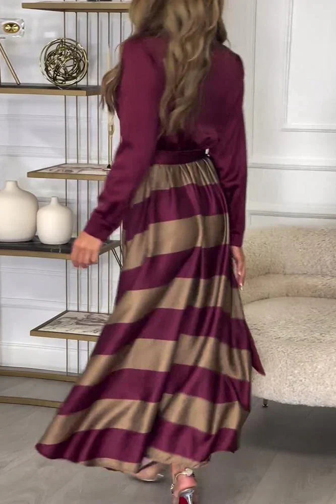 Collared Long Sleeve Button Down Tie Waist Striped Maxi Dress
