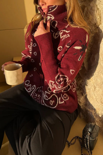 Fashionable Jacquard Turtleneck Long-sleeved Casual Zip-up Pocket Knit Top