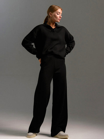 Knit Pant Set Drop Shoulder Pullover And Wide Leg Trousers For Women