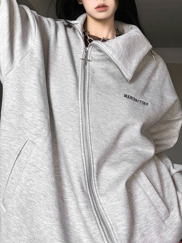 Irregular Design Star Badge Decor Zip Up Sweatshirt