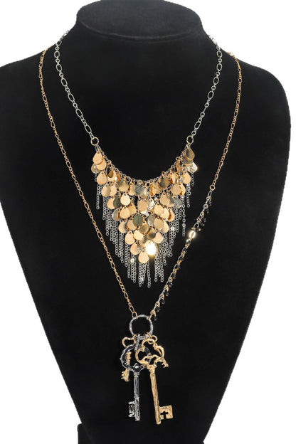 Fashionable Sequined Tassel Key Multi-layer Exaggerated Necklace