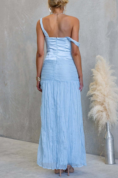Zariyah Satin Bodice Asymmetric Neck Tie-up Waist Chiffon Hem Maxi Dress