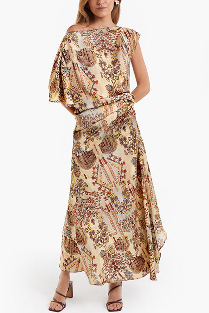 Cassie Satin Unique Print One Shoulder Ruched Waist Asymmetrical Hem Maxi Dress