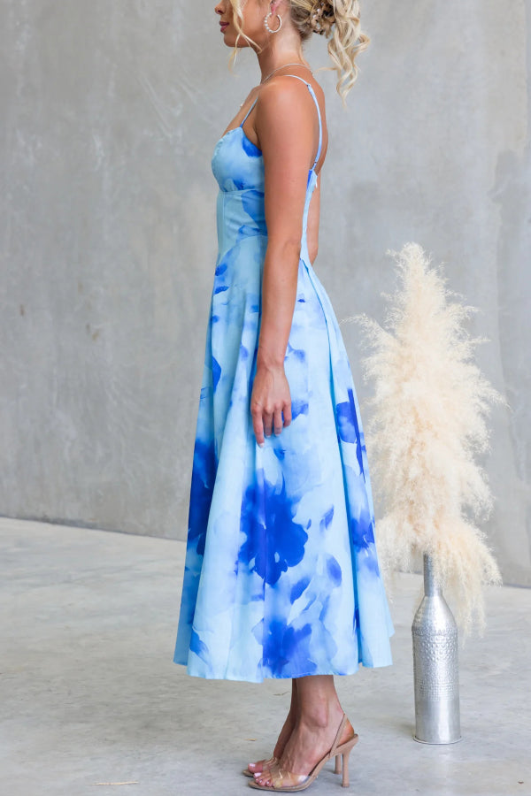 Floral Print Spaghetti Strap Backless Holiday Maxi Dress