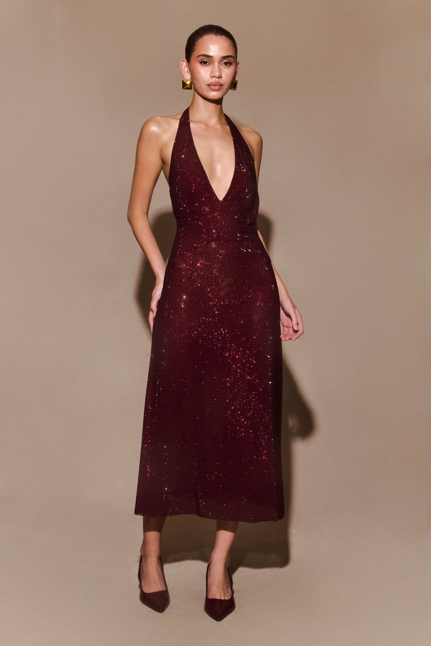 Deep V Neck Halter Sequin Shimmer Metallic Midi Dress