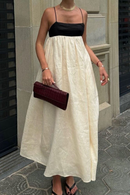 Linen Blend Colorblock Spaghetti Strap Empire Waist Gathered Maxi Dress