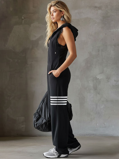 Women’s Sleeveless Long Jumpsuit - Hoodie Striped Casual Outfit