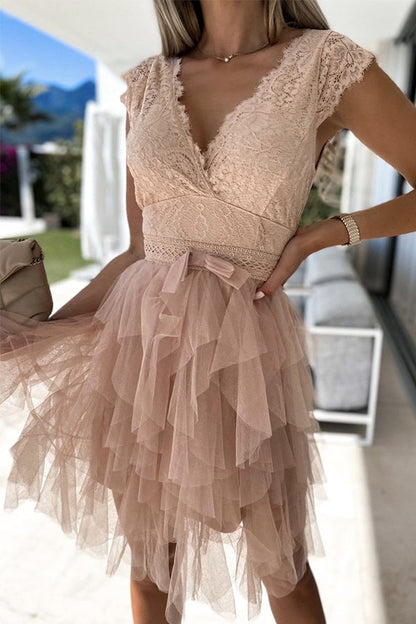 Lace V-Neck Flutter Cap Sleeve Bow Waist Tiered Tulle Ruffle Mini Dress